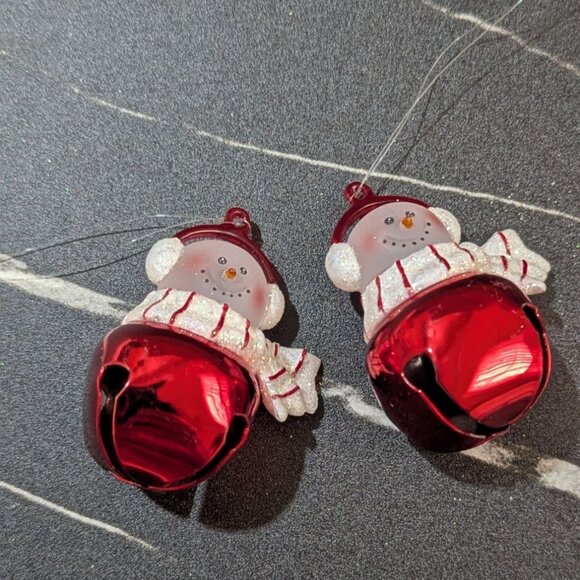 vintage Jingle Buddies Snowman Bell Ornaments Set Of 2 Red Glitter Holiday Fun - Picture 2 of 4